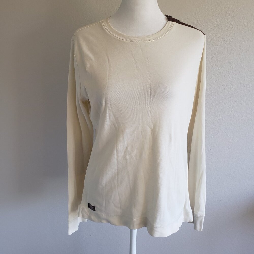Lauren Ralph Lauren Top T-Shirt WomenSize L Cream Brown Zip Elbow Long Sleeve